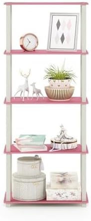 Furinno Turn-N-Tube 5-Tier Multipurpose Shelf / Display Rack / Storage Shelf / Bookshelf, Square Tubes, Pink/White