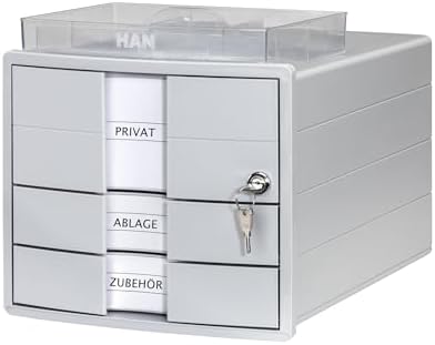 HAN Impuls 2.0 Drawer Box Lockable with 3 Closed Drawers for DIN A4/C4 Including Labelling Labels, Document Box, Base with Pull-Out Lock, Furniture-Friendly Rubber Feet, 1018-11, Light Grey