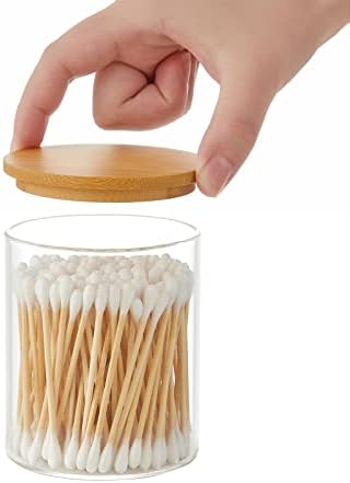 INIUNIK Qtip Holder with Vanity Tray, 3 Pack Glass Apothecary Jars with Lids, Bathroom Accessories Canisters Organizers