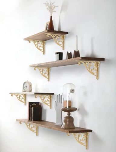 Khtumeware Gold Shelf Bracket 10 Inch, Decorative Brackets for Shelving, Heavy Duty Vintage Ornate Shelf Bracket , Hardw