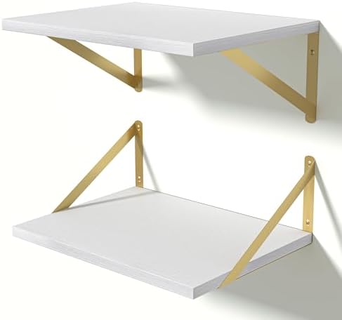 Heimlove 12 Inch Deep White Floating Shelves for Wall,Wood Floating Shelves 16" W x 12" D Set of 2,Wall Mounted Shelves for Living Room, Bedroom, Kitchen, Bathroom and Decor Storage,Gold Bracket