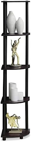 Furinno Turn-N-Tube Toolless Assembly Corner Shelf, 5-Tier Black Corner Bookshelf, Open Storage Shelves, for Organizatio
