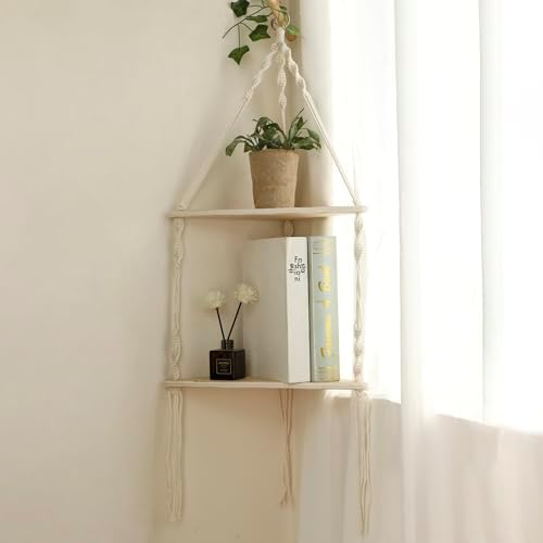 Artilady Corner Shelf Macrame Wall Hanging, Boho Wood Storage Wall Decor