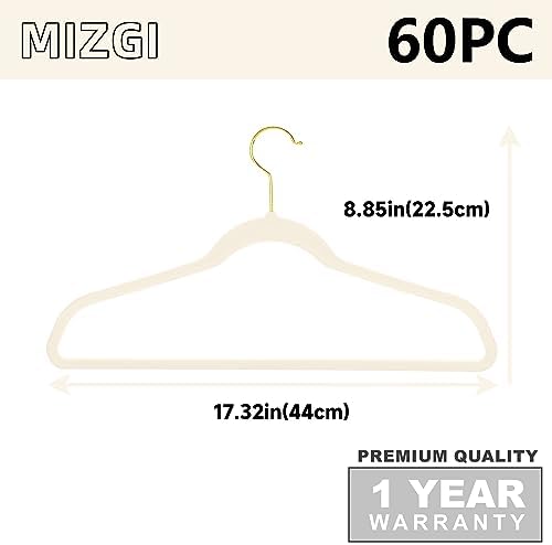 MIZGI Ivory Velvet Hangers - 60 Pack, Premium Gold, Non-Slip Felt, Sturdy, Heavy Duty Coat & Suit Hangers for Space Saving, No Marks