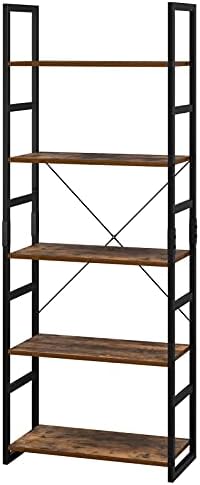 5 Tier Industrial Bookshelf, Modern Storage Shelf Organizer Wood Look Bookcase, Metal Frame Shelving Unit for Bedroom, L