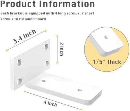 4 Pack Shelf Brackets White 4 Inch Floating Shelf Bracket 1/5 inch Thick Heavy Duty Hidden Shelf Brackets Iron Metal Bra