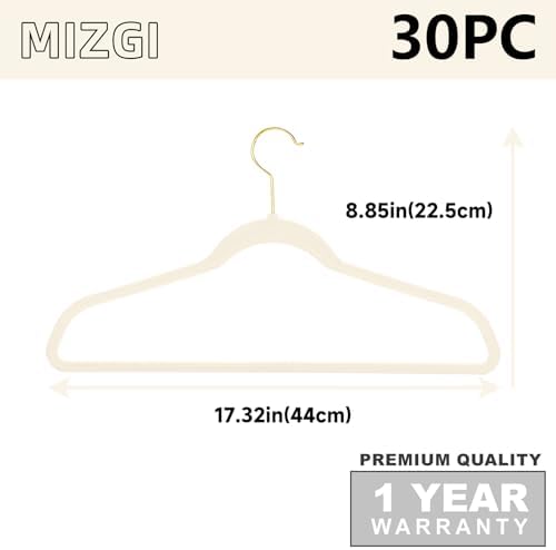 MIZGI Ivory Velvet Hangers 30 Pack,Premium Gold Clothes Hangers Non-Slip Felt Hanger,Sturdy Ivory Hangers Heavy Duty Coat,Durable Suit for Space Saving, No Flocked Marks