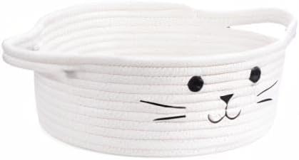 Small Woven Basket, Cute Cat Toy Basket for Living Room, Decorative Nursery Bin for Toys, Diapers, Empty Gift Baskets for Baby, White, 9.8 x 4 inches