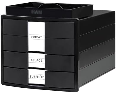 HAN IMPULS 2.0 Drawer Box with 3 Closed Drawers for DIN A4/C4 Including Labels/Document Box/Base with Pull-Out Lock/Rubber Feet/Black
