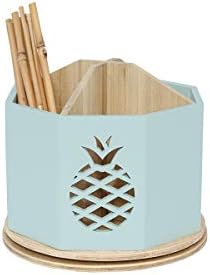 Spinning Desktop Stationary Organizer – Decorative Wooden Rotating Pen and Pencil Cup – Desk and Table Top Office Supplies Station - by Designstyles (Sky Blue Pineapple Cutout)