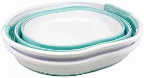 SAMMART 23L (6 Gallons) Collapsible Plastic Laundry Basket - Oval Tub/Basket - Foldable Storage Container/Organizer - Portable Washing Tub (White/Lake Green (Set of 2))
