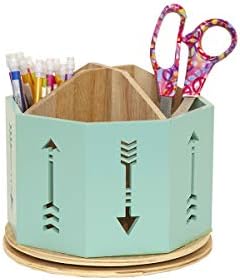 Spinning Desktop Stationary Organizer – Decorative Wooden Rotating Pen and Pencil Cup – 4 Compartment Teal Desk and Table Top Office Supplies Station with Arrow Design - by Designstyles