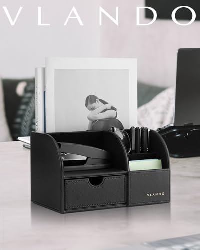 VLANDO Desk Organizer, 6-Compartment Faux Leather Desk Storage with Drawer