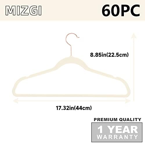 MIZGI Ivory Velvet Hangers 60 Pack Non Slip Heavy Duty Rose Gold Hooks