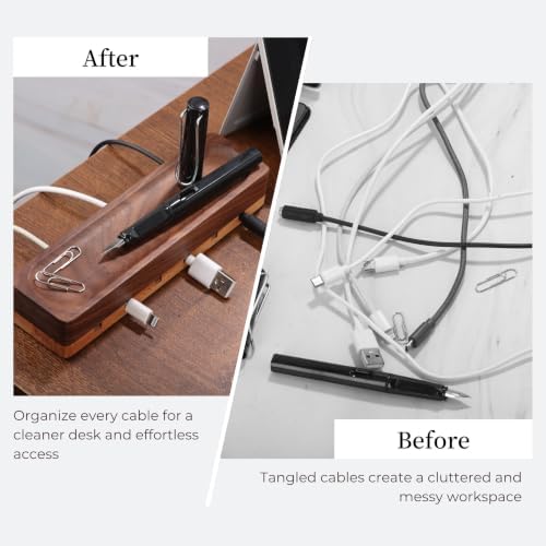 Magnetic Cord Holder with 6 Slots - Walnut & Beech Wood Cable Organizer for Lightning, USB, USB-C, Stick-on Design for D