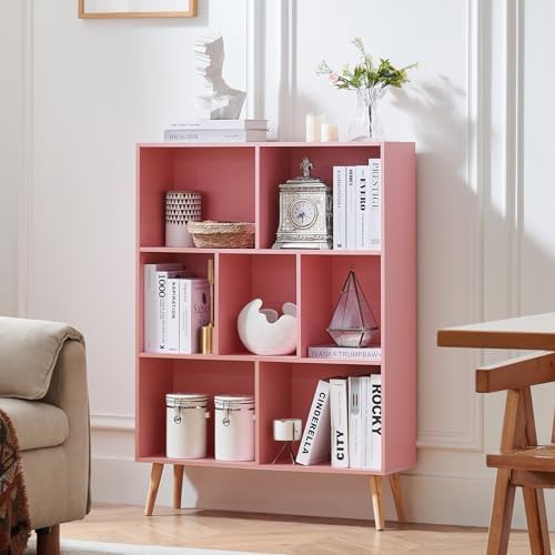 LEYAOYAO Cube Bookshelf, Mid-Century Modern Book Shelf with Legs,Light Pink