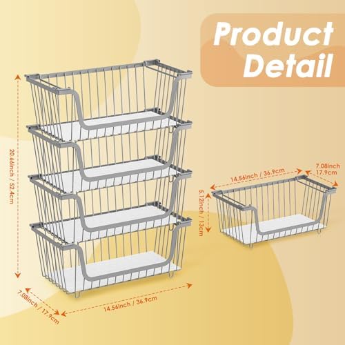 4 Pcs Stackable Wire Baskets for Pantry Organizers and Storage, Gray