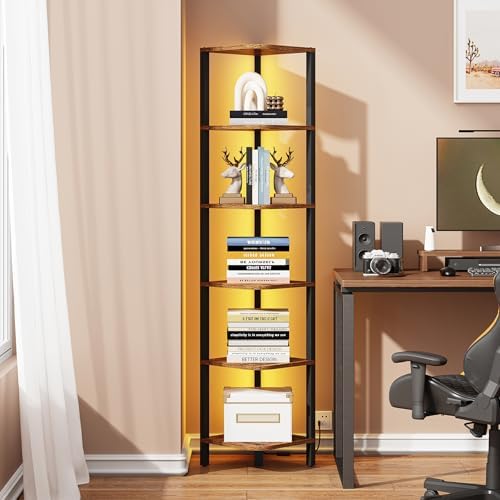 TUTOTAK Corner Shelf with LED Light, 6-Tier Corner Bookshelf