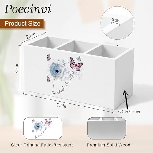 Just Breathe Mental Health Pen Holder for Home Office Desk, Therapy Office Decor, Blue Dandelion Butterfly Inspirational Wooden Box Sign Pencil Holder for Desk Shelf Organizer