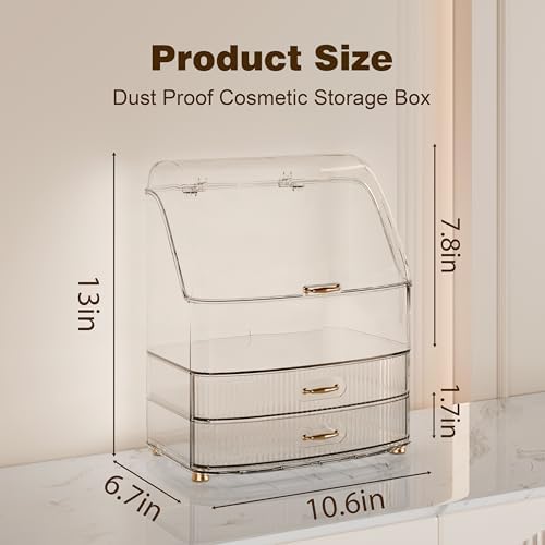 Makeup Organizer Countertop Vanity with Transparent Lid Drawers Waterproof Dustproof Cosmetic Skincare Bathroom Storage