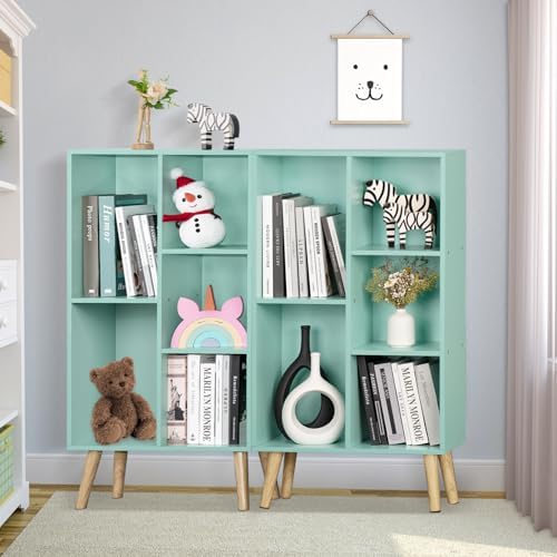 LEYAOYAO 5 Cube Bookshelf, Mid-Century Modern Book Shelf with Legs, Green