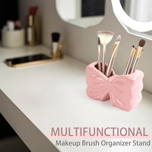 Pink Bow Ceramic Pencil Holder for Desk, Cute Office Decor