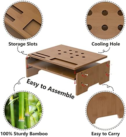 Monitor Stand Riser with Storage Organizer Desktop with Cooling Holes Bamboo Laptop Riser Shelf for Office and Home Use