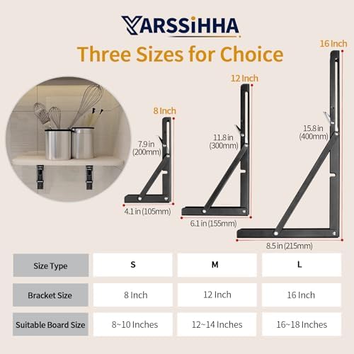 Yarssihha 8 Inch Folding Shelf Bracket, 6 Pack Heavy Duty Wall Mounted Foldable Brackets, Space-Saving Metal Collapsible