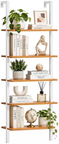 SogesHome Industrial Wall-Mounted Ladder Shelf, 5-Tier Modern Bookshelf with Industrial Metal Frame, Bookcase Organize P