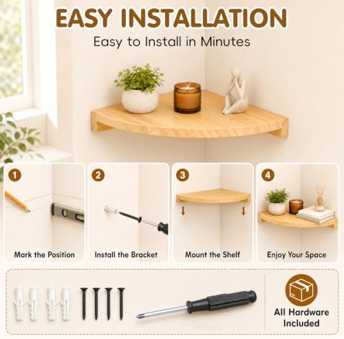 Alipis Natural Wood Corner Shelf Wall Mounted, Dual-Fortified Floating Corner Shelves for Wall Storage, Round End Sector