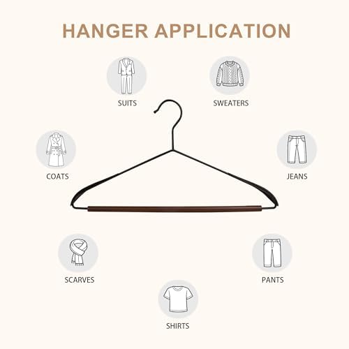 Wide Shoulder Wire Hangers with Wood Pants Bar, Black, 12-Pack