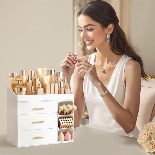 HBlife Makeup Organizer Countertop with Brush Holder,Large Bathroom Counter Organizer with Drawers,Skincare Organizers f