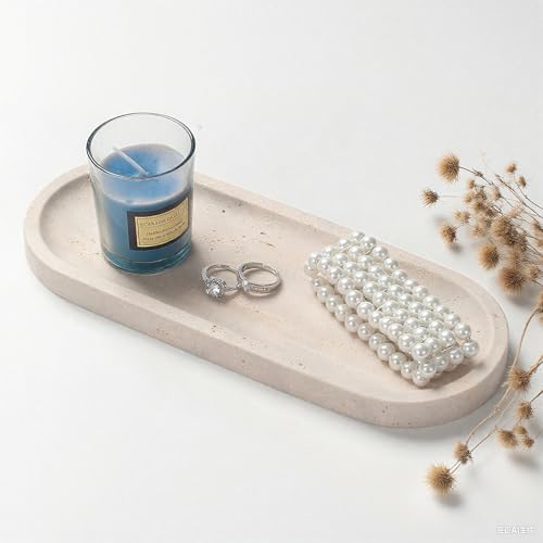Oval Travertine Stone Tray for Jewelry, Candles, Perfume, Decorative Marble Bathroom Tray for Countertop Organizer 9.8in