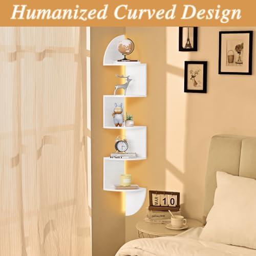 Waipfaru Corner Shelf, 5 Tier Bookshelf with LED Light, Corner Shelf Wall Mounted, Floating Shelves for Wall, Display St