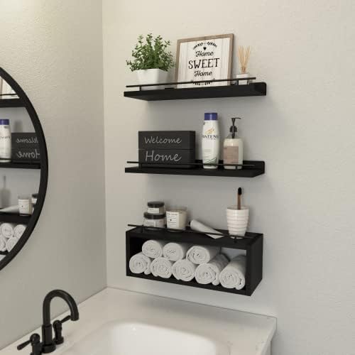 WOPITUES Floating Shelves for Wall with Cube Shelf, Wall Shelves with Metal Rail for Bathroom Decor, Bathroom Organizers