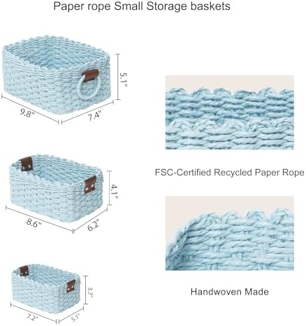Woven Paper Rope Wicker Basket for Organizing(Set of 3,Blue)
