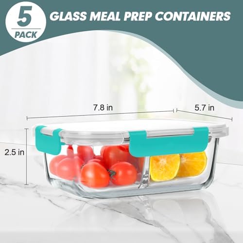 KOMUEE 30 oz 5 Pack Glass Meal Prep Containers 2 Compartments, Green