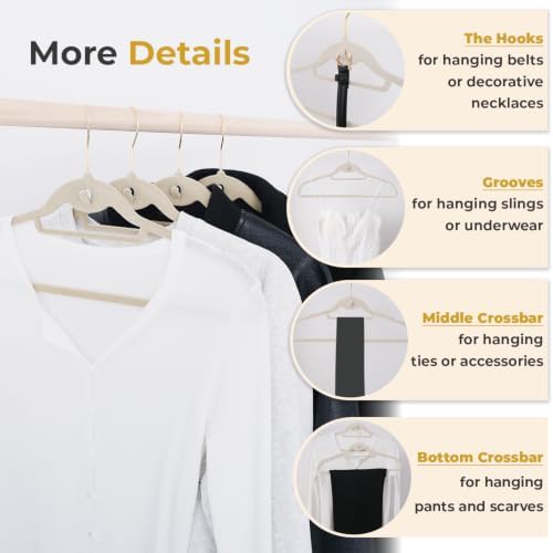 Ivory Velvet Hangers 50 Pack with Stackable Cascading Gloden Hook