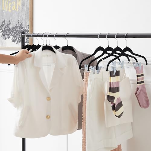 VECELO 20 Pack Velvet Clothes Hangers with Adjustable Clips,Heavy-Duty Non Slip & Space-Saving with 1 Magic Hangers & 2 Tie Rack for Suit Coat Pants Skirt Dresses