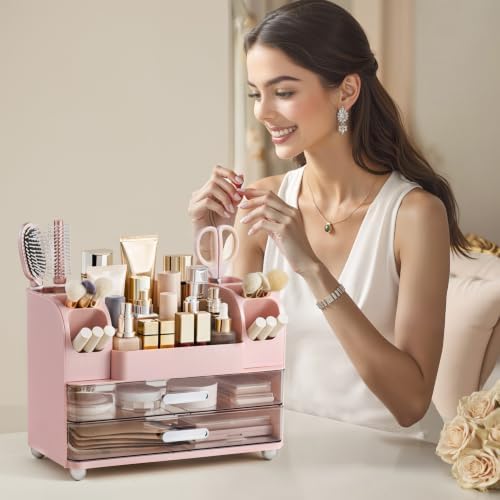 HBlife Makeup Organizer for Vanity with Brush Holder, Large Bathroom Countertop Cosmetic Organizer Skin Care Storage, Ea