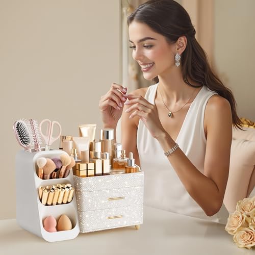 HBlife Makeup Organizer with Brush Holder for Vanity, Large Plastic Bathroom Countertop Organizer Skin Care Storage, Eas