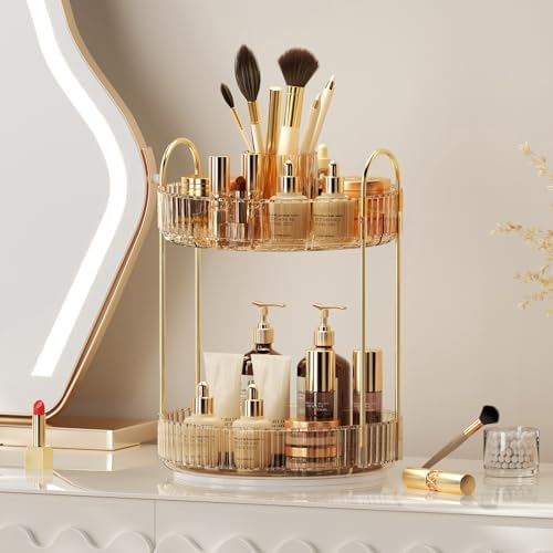 360° Rotating Makeup Organizer, Upgraded 2 Tier Skincare Perfume Organizers for Women, Bathroom Organizer Countertop, Cl