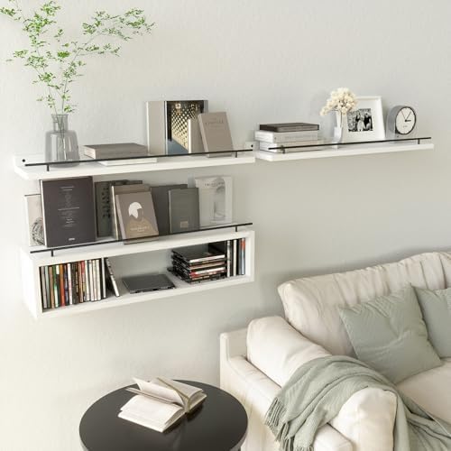 WOPITUES Floating Shelves for Wall 24 inch with Cube Shelf, Wall Shelves with Metal Rail for Bathroom Decor, Bathroom Or