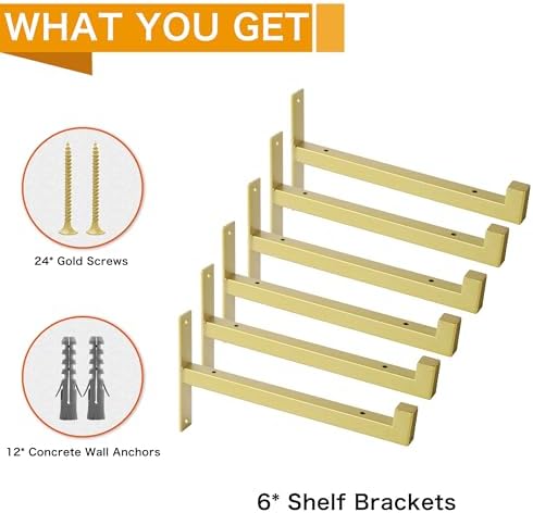 EZYDECOR 6 Pack Heavy Duty Shelf Brackets with Lip 13 Inch Gold