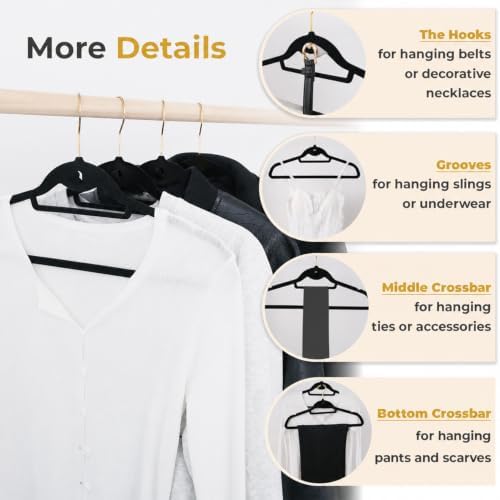 Black Velvet Hangers 50 Pack with Stackable Cascading Gloden Hook