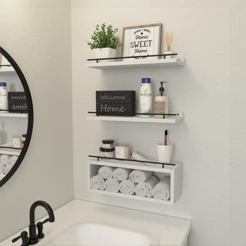 WOPITUES Floating Shelves for Wall with Cube Shelf, Wall Shelves with Metal Rail for Decor, Bathroom Organizers and Stor