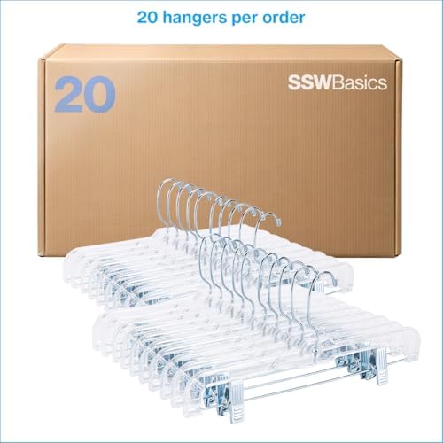 SSWBasics 14 Inch Clear Plastic Skirt Hangers and Pants Hangers with Clips