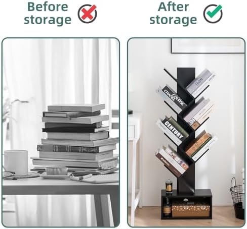 Yoobure Tree Bookshelf, 6 Tier Small Book Shelf Retro Floor Standing Bookcase, Wood Book Storage Organizer Rack, Tall Na