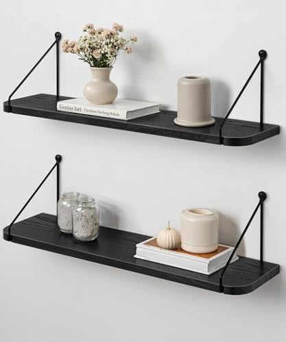 Afuly Black Floating Shelves for Wall, 24in Shelf with Brackets, Set of 2