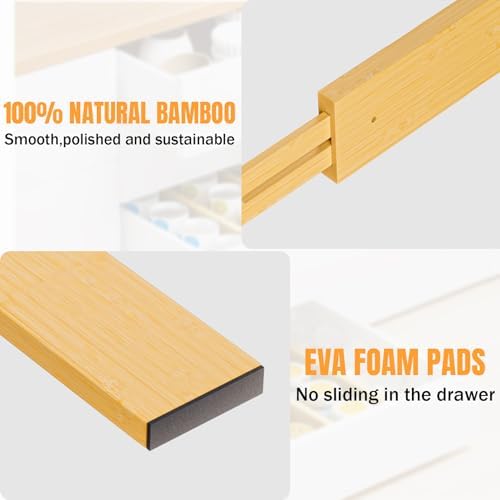 Bamboo Drawer Dividers Organizers, 2.56" High, 17"-21.8" Adjustable, 6 Pack